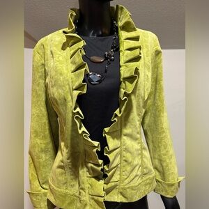 CHICOS Lime Green Velvety Pintucked Ruffled Open Jacket Sz 1 S Lined Paisley